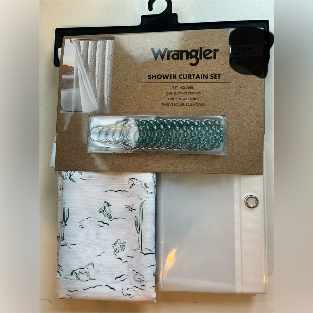 Wrangler Horses Cactus Shower Curtain Set with Teal Hooks